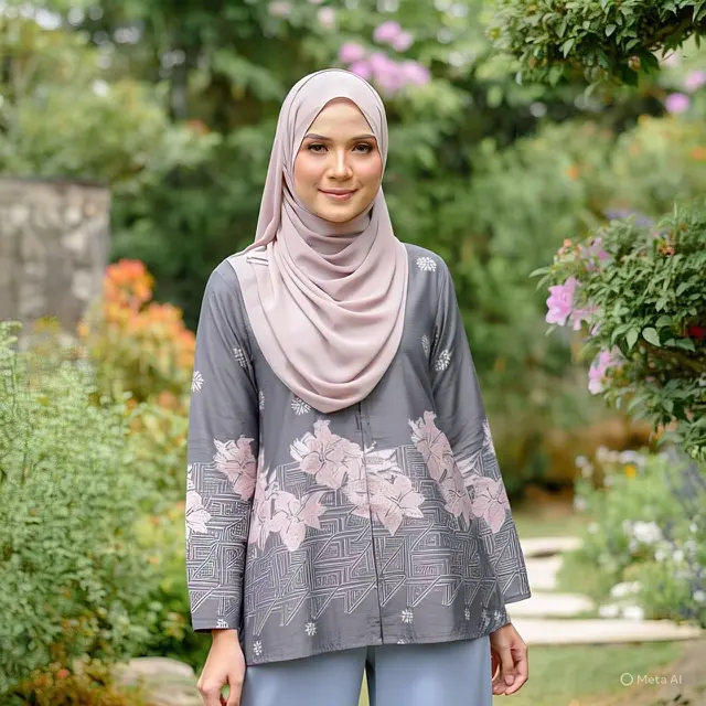 Blouse Batik Oversize Abu dengan Motif Geometris