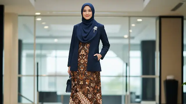 Dress Batik Panjang + Blazer Navy
