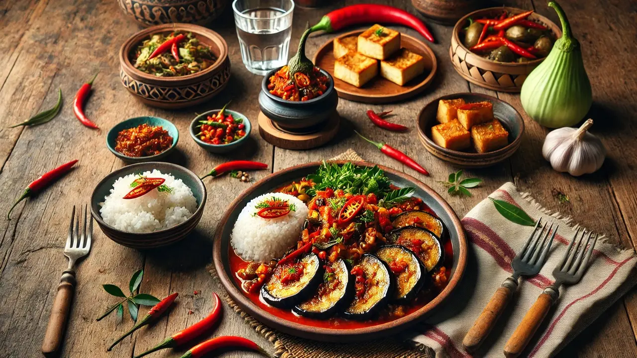 sambal terong pedas dengan nasi dan lauk tahu tempe goreng