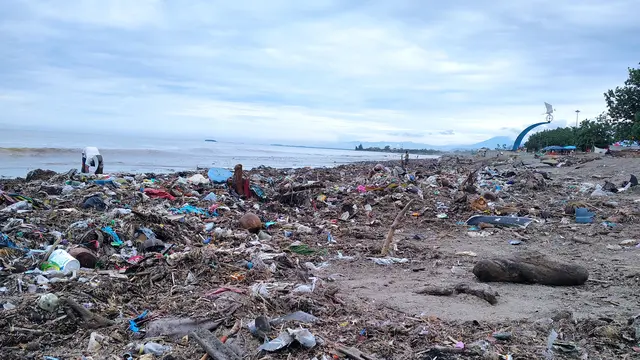 Sampah menumpuk di Pantai Padang pada Selasa (12/1/2021). (Liputan6.com/ Novia Harlina)