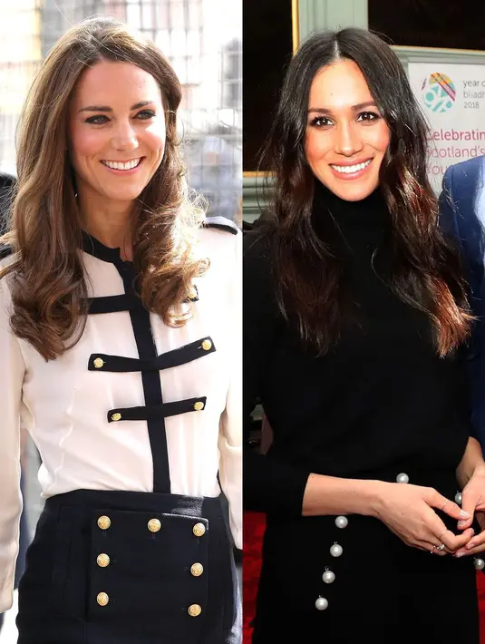 Meghan Markle dan Kate Middleton dengan kancing bergaya nautical. Benar-benar mirip gaya fesyennya! (Getty Images/Cosmopolitan)