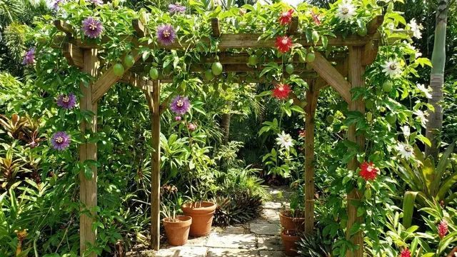 Ilustrasi Passiflora (Bunga Markisa Hias) di Pergola/Gemini AI