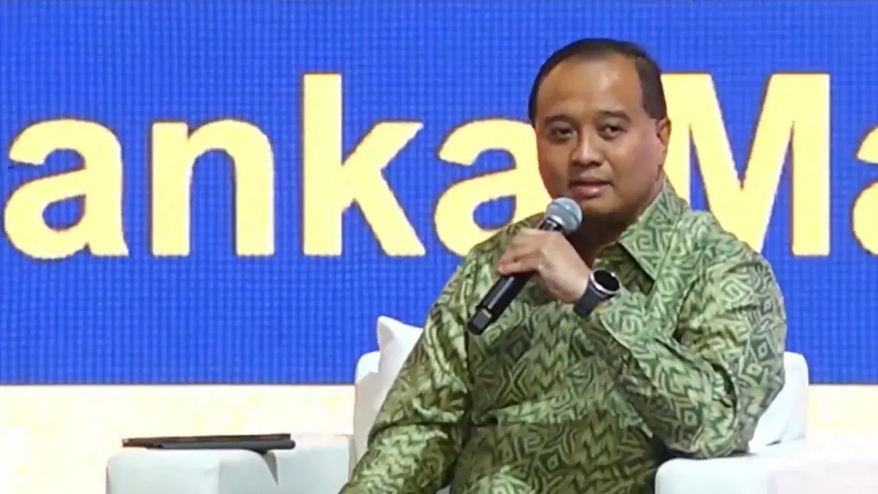 Deputi Pendanaan dan Investasi Otorita IKN Agung Wicaksono, dalam Main Event Sewindu PSN-Infrastructure forum, di Kota Kasablanka, Jakarta Selatan, Rabu (13/9/2023). (Tira/Liputan6.com)