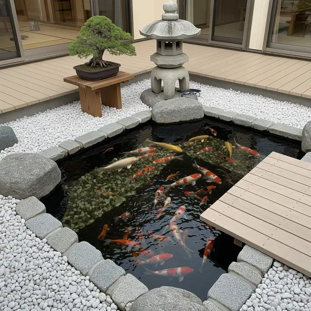 Ide Teras Rumah Luas dengan Kolam Ikan Mini di Sudut Depan