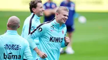 Erling Haaland dari Norwegia saat sesi latihan di Cardiff, Rabu, 30 September 2026. (Nick Potts/PA via AP)