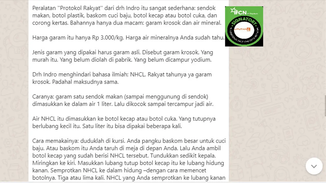 Cek Fakta Liputan6.com menelusuri informasi membersihkan hidung dengan air garam dapat menghancurkan Covid-19 di tubuh
