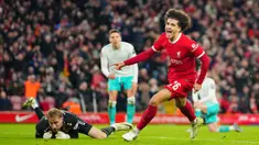 Pemain Liverpool, Jayden Danns melakukan selebrasi setelah mencetak gol saat pertandingan sepak bola putaran kelima Piala FA Inggris melawan Southampton di Stadion Anfield, Liverpool, Rabu, 28 Februari 2024. (AP Photo/Jon Super)