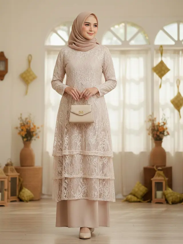 Gamis Brokat 2 Layer Warna Netral (Foto: Gemini AI)