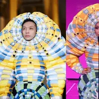 Doja Cat mengenakan gaun unik rancangan Thomb Browne SS18 dengan asen struktur dan permainan grafis serta warna yang nyentrik. (Foto: Thomb browne/ Instagram).
