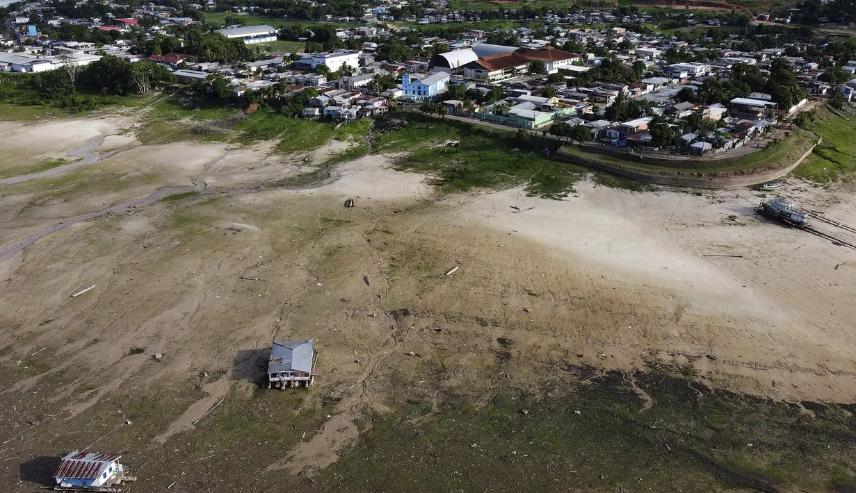Rumah perahu berada di tengah lahan yang terkena dampak kekeringan dekat Sungai Solimões, Tefe, Amazonas, Brasil, Rabu (19/10/2022). Fenomena ini menjadi salah satu pasang surut terbesar yang tercatat di wilayah tersebut. (AP Photo/Edmar Barros)
