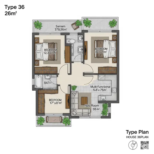 Desain Rumah Type 36 dengan 2 Kamar Tidur dan Mushola Multifungsi