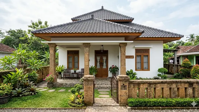 Contoh Rumah Desa dengan Kombinasi Batu Alam dan Atap Limas Modern yang Elegan. Gemini