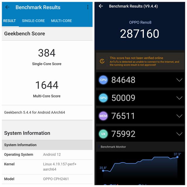 Skor Geekbench (kiri) dan AnTuTu (kanan) untuk Oppo Reno8