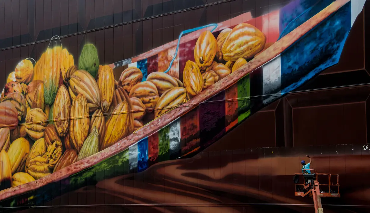 Eduardo Kobra menyelesaikan karya muralnya di Itapevi, wilayah metropolitan Sao Paulo, Brasil (12/4). Karya ini memecahkan rekor mural terbesar sebelumnya yang ia buat dengan ukuran sekitar 3.000 meter persegi. (AFP Photo/Nelson Almeida)