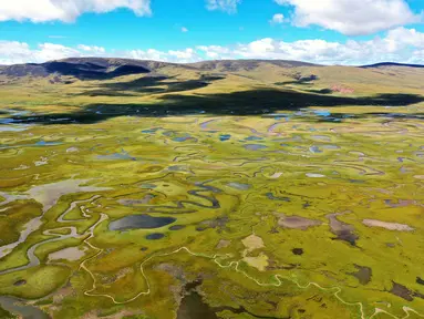 Foto dari udara yang diabadikan pada 28 September 2020 ini menunjukkan pemandangan lahan basah Lhato di Wilayah Konjo, Qamdo, Daerah Otonom Tibet, China barat daya. (Xinhua/Zhan Yan)