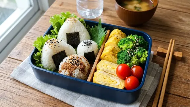 Bento Nasi Kepal dengan Telur Dadar dan Brokoli