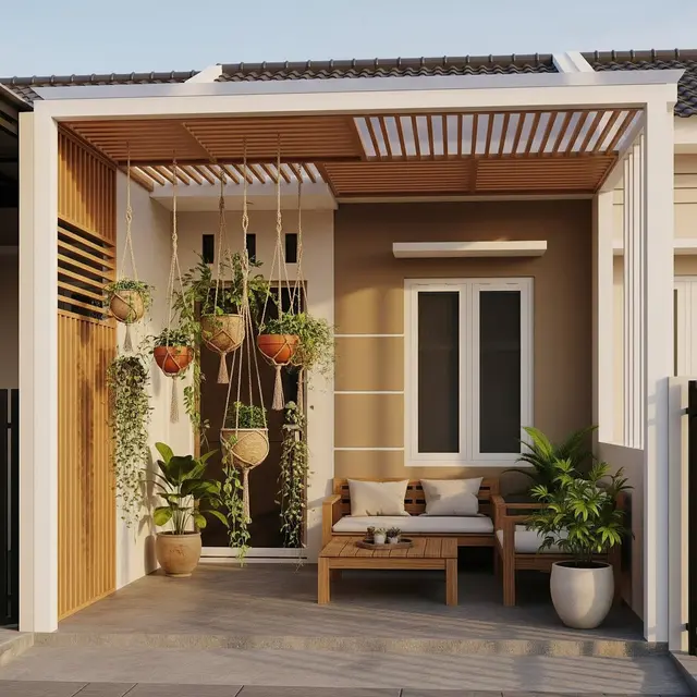 Model Teras Rumah Kecil dengan Kanopi Kayu dan Taman Gantung