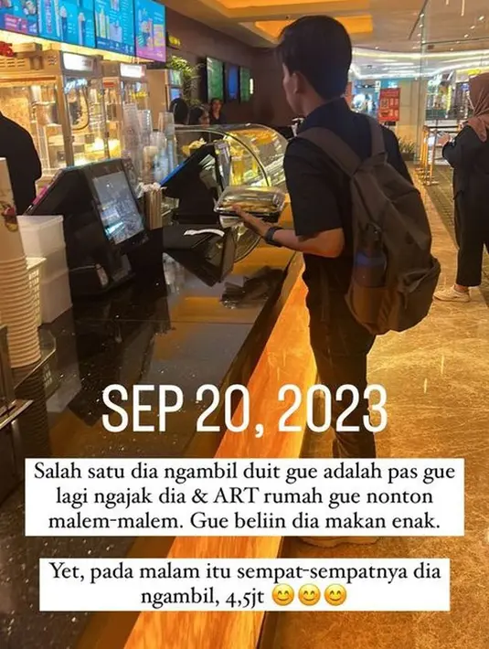 <p>Ini adalah momen saat asistennya mengambil uang Rp 4.5 juta. Ketika itu Awkarin mengajak asisten dan ART untuk nonton film di bioskop. [Foto: instagram.com/narinkovilda]</p>