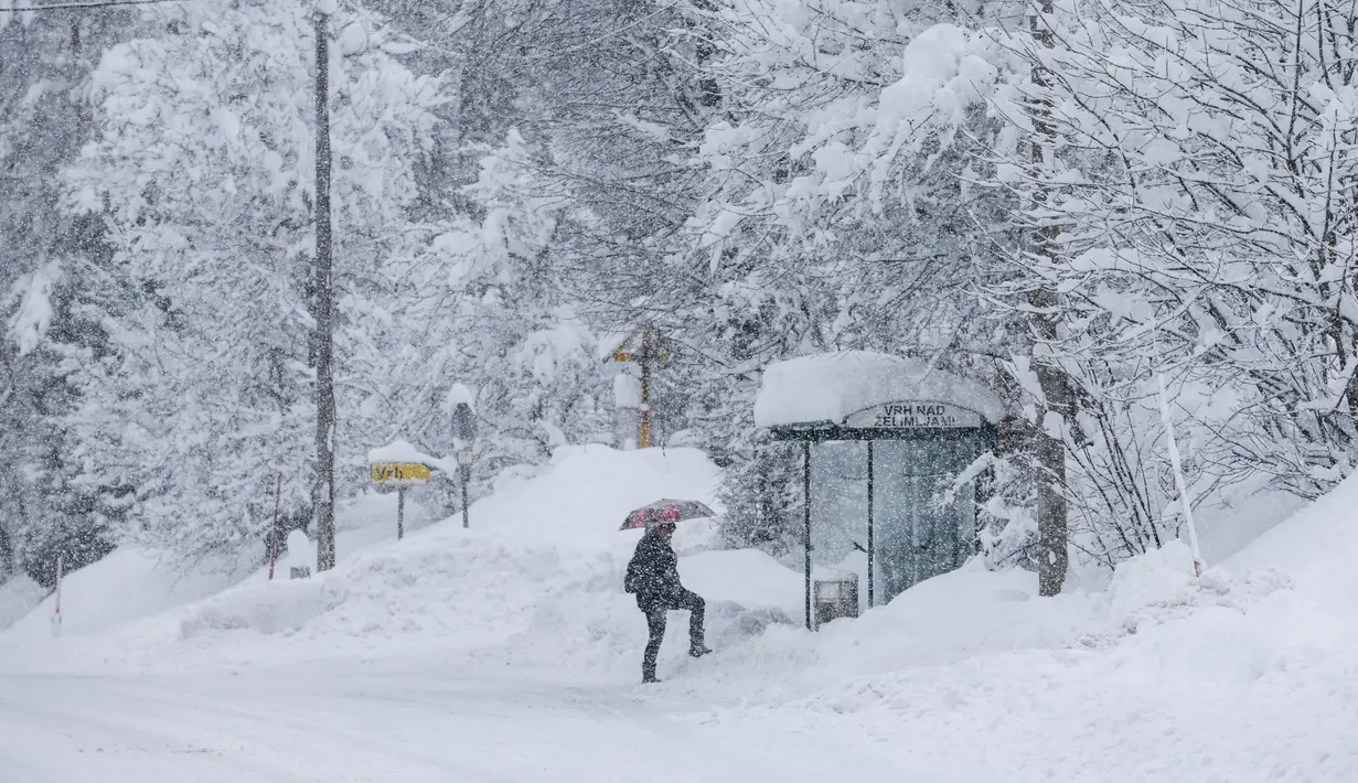 Seseorang mendekati halte bus di jalan yang tertutup salju di Kocevje, dekat Ljubljana Slovenia, Senin (23/1/2023). Badai salju dengan angin kencang telah menghambat lalu lintas di jalan raya utama di Slovenia pada hari Senin dan menyebabkan beberapa bagian negara tanpa listrik untuk sementara waktu. (AP Photo)