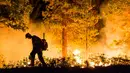 Seorang petugas saat menyusuri lokasi kebakaran yang terjadi di  kawasan Hutan Nasional Sierra di California, AS, Jumat (21/8/2015). 2.500 orang terpaksa mengungsi ke kamp Kristen timur di Danau Hume. (REUTERS/Max Whittaker)