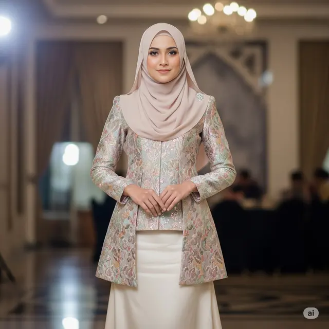 Kebaya Brokat Pastel + Rok Satin Krem
