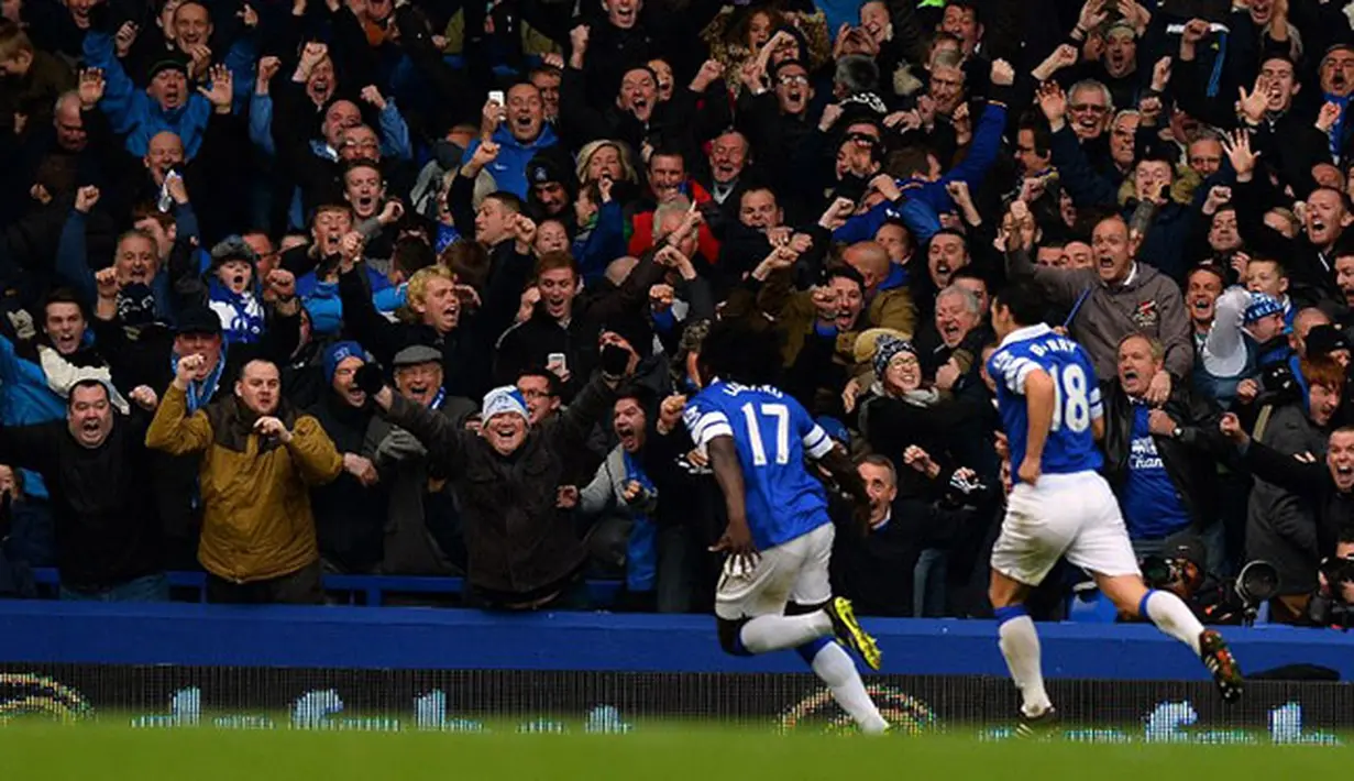Selebrasi Romelu Lukaku pada pertandingan sepak bola Liga Inggris antara Everton melawan Liverpool di Goodison Park, Liverpool, Sabtu (23/11/2013). (AFP/Paul Ellis)