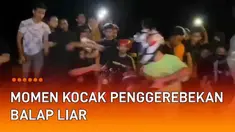 Momen kocak terekam saat balap liar akan dimulai. Dua pebalap bersiap mengambil posisi start dan disaksikan puluhan orang. Puluhan orang yang fokus pada balapan tidak menyadari kehadiran aparat.