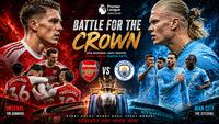 Cover persaingan juara Arsenal versus Manchester City di Premier League musim ini. (AFP/AP/Bola.com/ChatGPT)