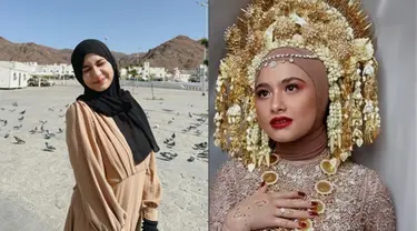 Faye Nicole tampil berhijab di hari pernikahannya. Penampilan barunya itu pun membuat publik pangling. Aktris kelahiran 1999 itu resmi dipersunting kekasihnya bernama Juno. Di acara resepsi pernikahan, Faye tampil menawan kenakan busana adat Minang berwarna cokelat. (Liputan6.com/IG/@fayenicolee_)