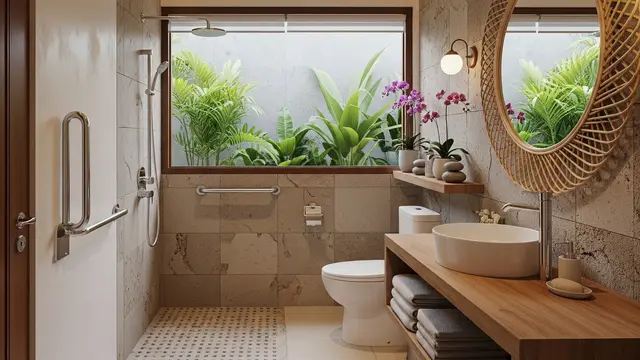 Kamar Mandi Semi Terbuka dengan Bukaan ke Halaman