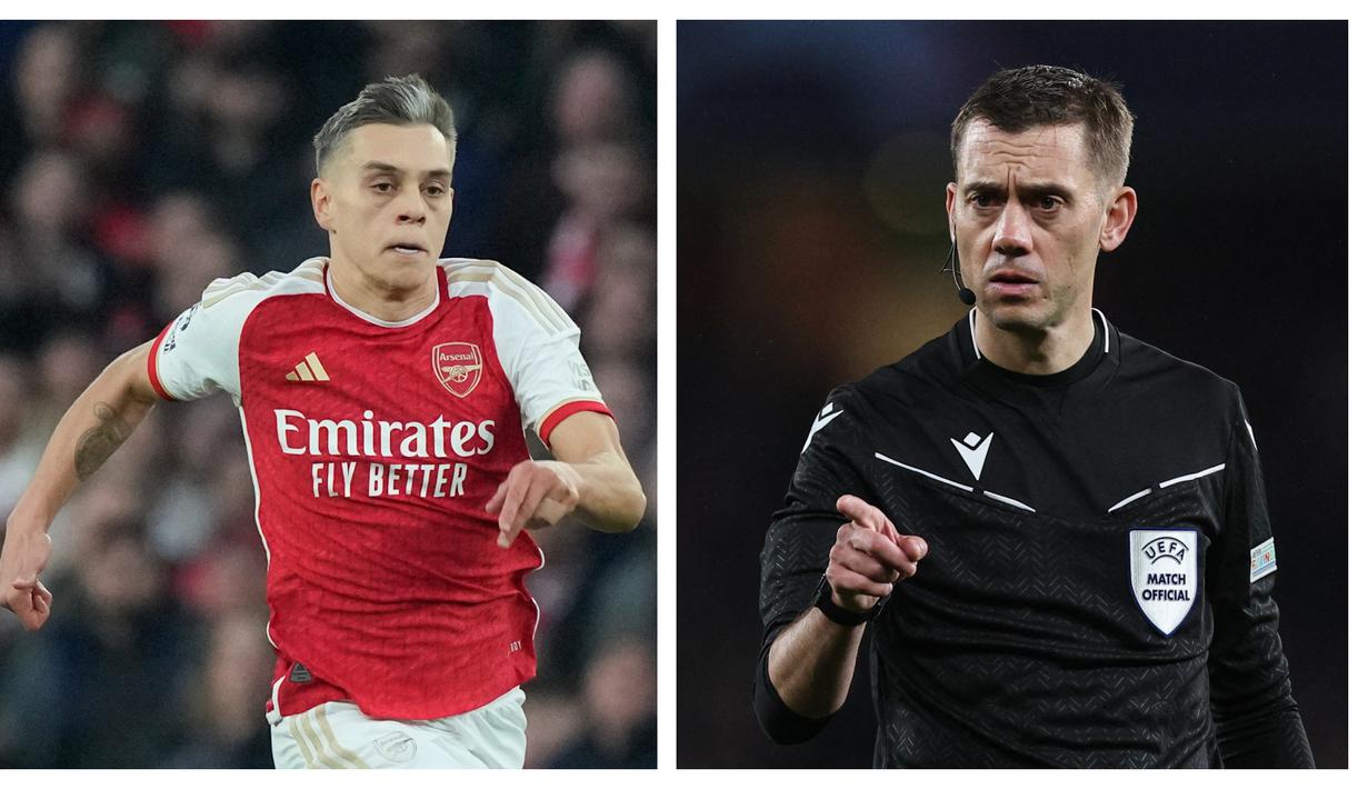 Momen unik terlihat saat laga leg kedua 16 besar Liga Champions 2023/2024 antara Arsenal Melawan Porto di Emirates Stadium, London, Inggris, Rabu (13/03/2024) dini hari WIB. Wasit asal Prancis, Clement Turpin menjadi obrolan karena parasnya yang mirip dengan pemain sayap Arsenal, Leandro Trossard. Mereka berdua bahkan sempat tertangkap layar kamera televisi ketika sedang berbincang. Saking miripnya, banyak orang mengira mereka adalah saudara. Padahal, keduanya sama sekali tak ada ikatan darah. Laga tersebut dimenangkan oleh Arsenal melalui babak penalti dengan skor 4-2. Sementara gol penyeimbang agregat dicetak oleh Leandro Trossard. (Foto Kolase: AP Photo/Frank Augstein dan AFP/Adrian Dennis)