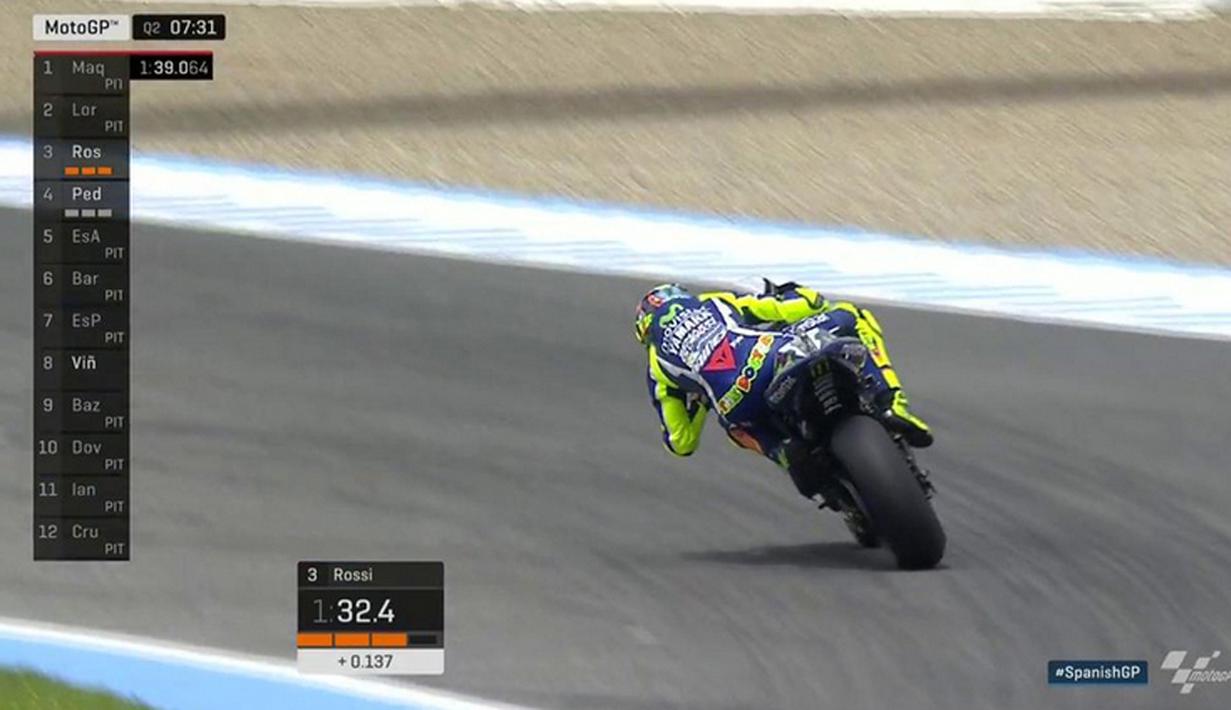 Ini adalah pole position ke-52 bagi Valentino Rossi sepanjang tampil di kelas utama balap motor dunia. (Bola.com/Twitter/MotoGP). 