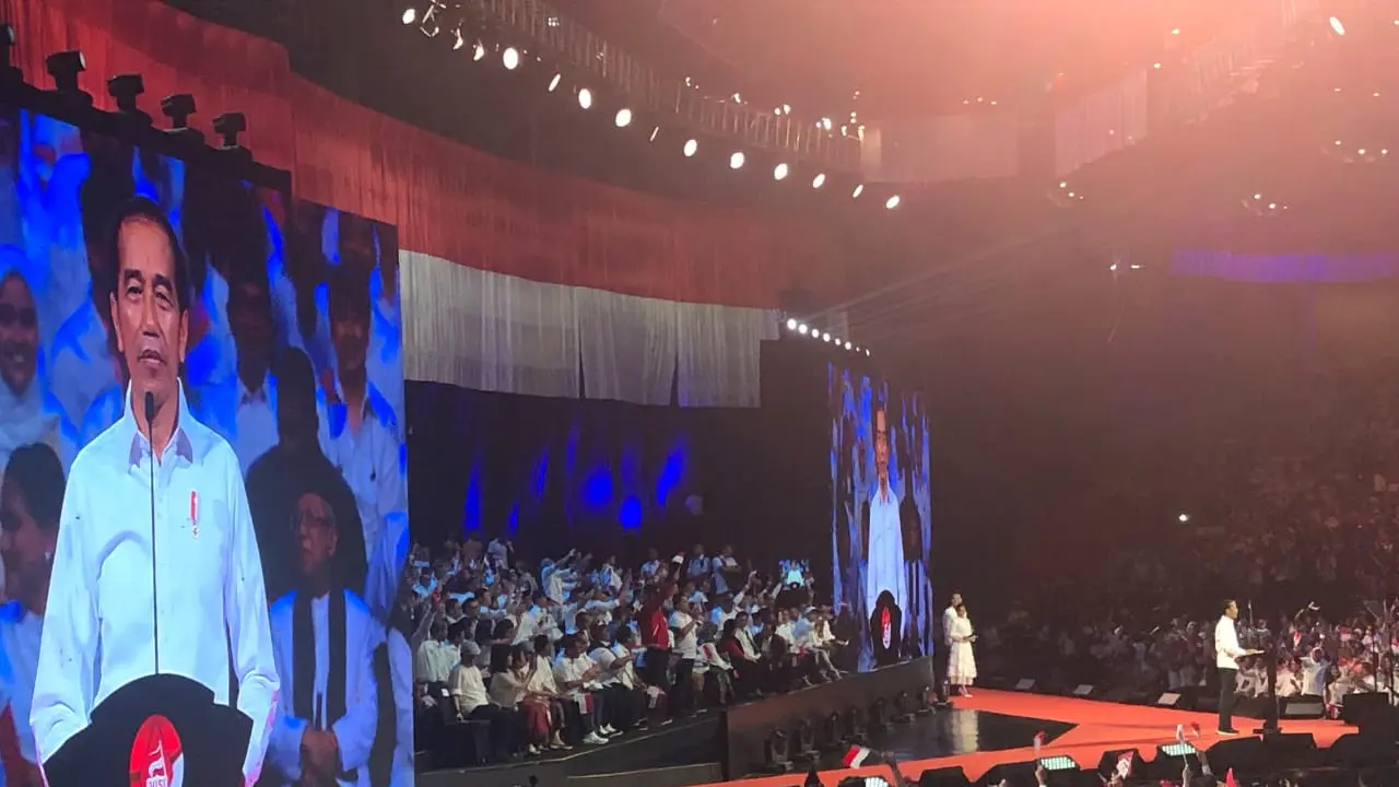 Presiden terpilih Jokowi dalam pidato di Sentul International Convention Center, Minggu (14/7/2019).