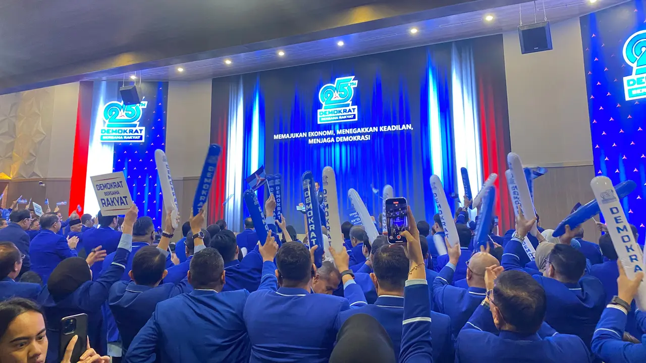 AHY pidato politik HUT ke-25 Partai Demokrat. (liputan6.com/Rfqy alief Abbiya).