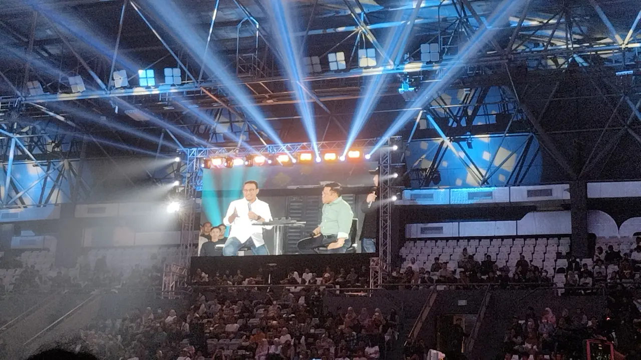Anies Baswedan di acara 'Resolusi Indonesia' di Tennis Indoor Senayan, Jakarta Pusat, Jumat malam, 5 Januari 2024. (Winda Nelfira).