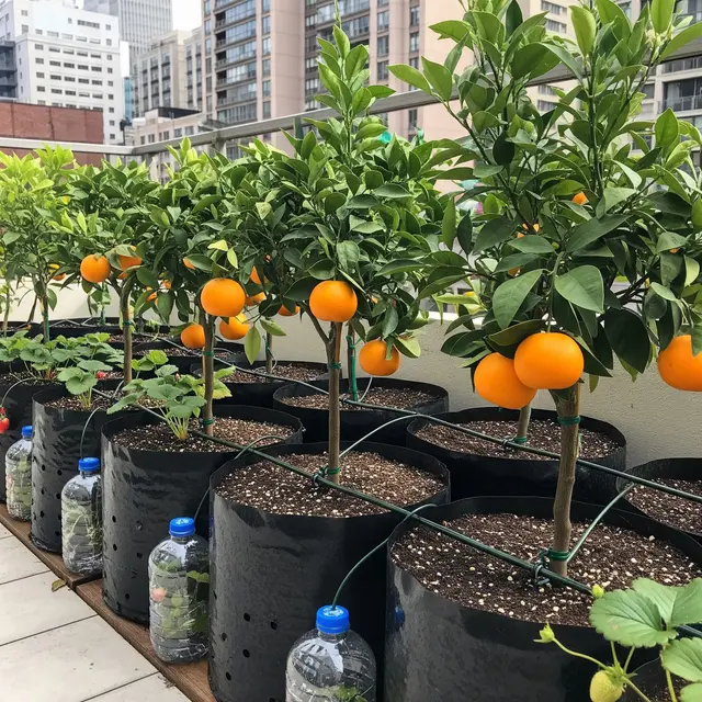 Kebun Buah di Polybag dengan Sistem Irigasi Sederhana untuk Lahan Terbatas (Image by Gemini AI)