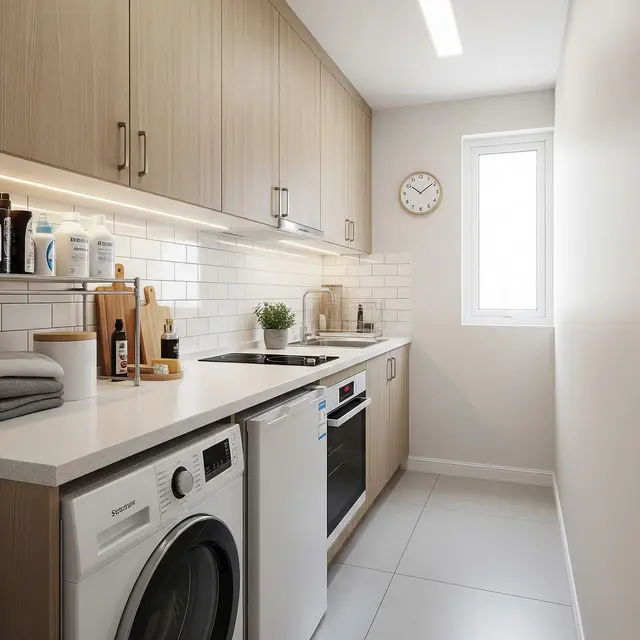 Desain Dapur Kecil dan Area Laundry dalam Satu Ruang