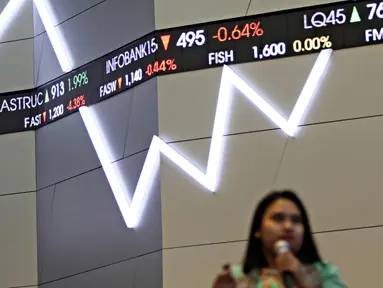 Pengunjung melintas di dekat monitor perkembangan saham di Bursa Efek Indonesia, Jakarta, Senin (2/11).  Indeks Harga Saham Gabungan (IHSG) di Bursa Efek Indonesia (BEI) pada Senin dibuka melemah sebesar 12,76 poin. (Liputan6.com/Immanuel Antonius)