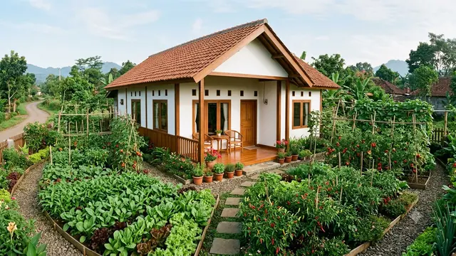 Inspirasi Rumah Desa dengan Kebun Sayur Mengelilingi Halaman. Gemini