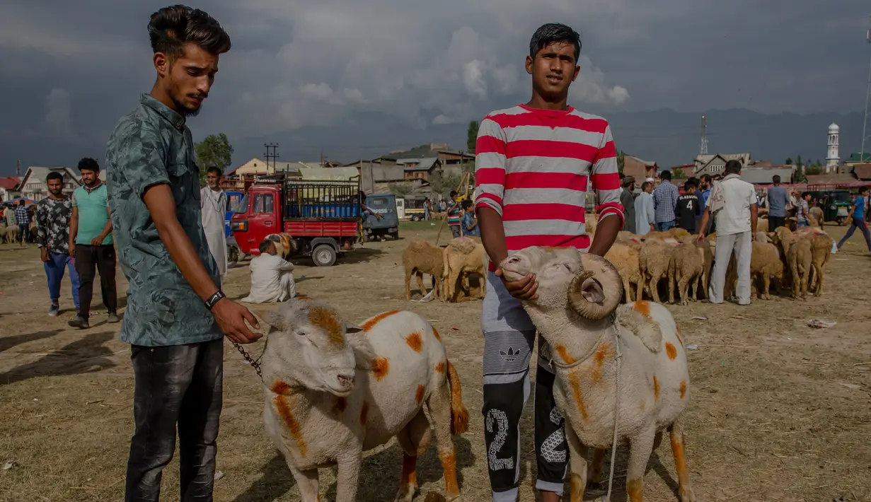 Pedagang menunggu pembeli di sebuah pasar di Srinagar, Kashmir, India (30/8). Umat Muslim dari seluruh dunia sedang mempersiapkan menyambut Idul Adha 1438 H. (AP Photo / Dar Yasin)