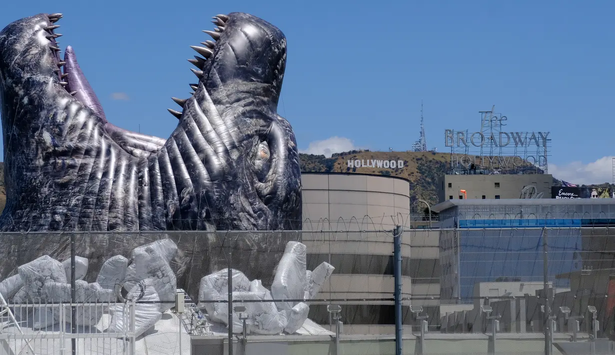 Godzilla raksasa menghiasi atap bioskop Cinerama Dome yang berlokasi di Hollywood, California, AS pada 20 Mei 2019. Hinggapnya godzilla raksasa untuk menyambut sekuel Godzilla: King of the Monsters yang akan dirilis pada 31 Mei 2019. (Photo by Chris Delmas / AFP)