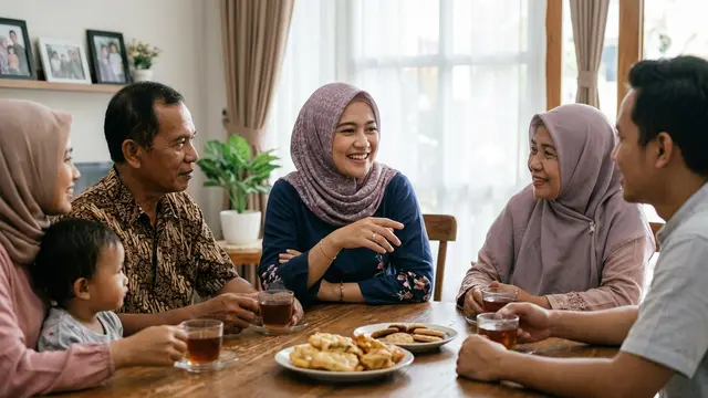 Ilustrasi berkumpul dengan keluarga kecil. AI Generated