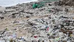 Seorang pria mengumpulkan plastik dan sampah lainnya yang terdampar di pantai Kedonganan, Kabupaten Badung, Bali, pada Jumat 27 Desember 2024. (SONNY TUMBELAKA/AFP)