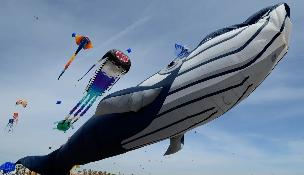 Aneka layang-layang raksasa yang diterbangkan saat Festival Internacional del Viento (Festival Angin Internasional) di pantai Malvarrosa, di Valencia, Spanyol (23/4). (AFP/Jose Jordan)