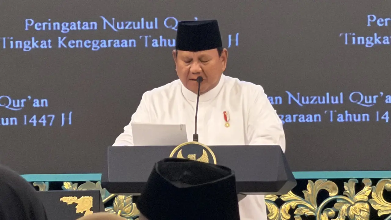 Presiden Prabowo Subianto saat peringatan Nuzulul Qu'ran Tingkat Negara di Istana Negara Jakarta.