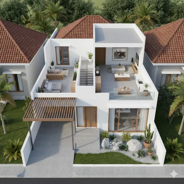 Denah Rumah 2 Lantai Dengan Carport dan Taman