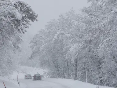 Mobil melintasi jalan yang tertutup salju di Kocevje, dekat Ljubljana Slovenia, Senin (23/1/2023). Badai salju dengan angin kencang telah menghambat lalu lintas di jalan raya utama di Slovenia pada hari Senin dan menyebabkan beberapa bagian negara tanpa listrik untuk sementara waktu. (AP Photo)