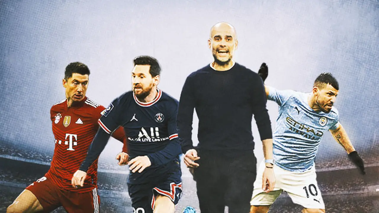 Ilustrasi - Pep Guardiola dikelilingi Lionel Messi, Robert Lewandowski, Sergio Aguero