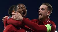 Ekspresi pemain Liverpool, Georginio Wijnaldum, setelah membobol gawang Barcelona pada leg kedua semifinal Liga Champions 2018-2019 di Stadion Anfield, Rabu (8/5/2019) dini hari WIB. (AFP/Paul Ellis)