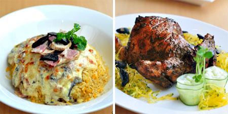 Cheese Black Garlic Baked Rice (kiri) dan Roasted Spring Chicken (kanan)